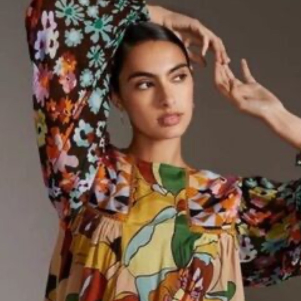 Blank London Anthropologie Mixed Floral Geometric Print Blouse XL Multicolor